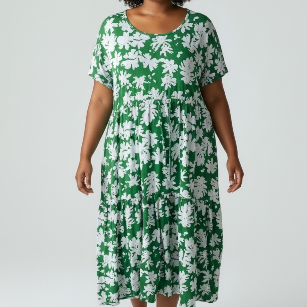 Stan Herman Resortware Knit Floral Maxi Midi‎ Dress Womens P2X Green 100% Cotton